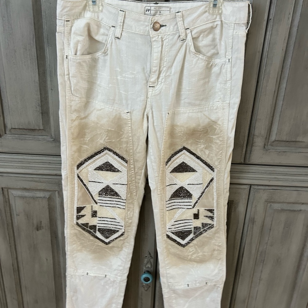 Free People Cream Patterned Jeans